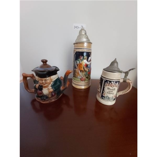 2 Beer Steins and Decorative Teapot