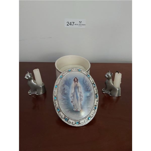 Our Lady of Lourdes Musical Rosary Box # J5543 by Hector Garrido & 2 Miniature Cat Candle Holders