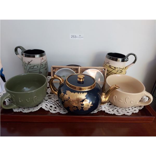 Tea Serving Tray with Unique Mugs, Teapot & More