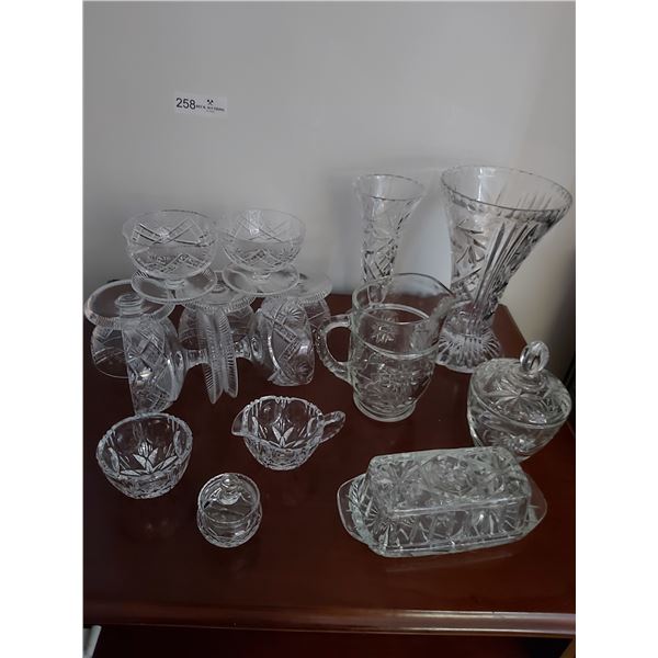 Assorted Crystal and Glassware including , Candy Dish, Vases, Shrimp Cocktail Dishes & More