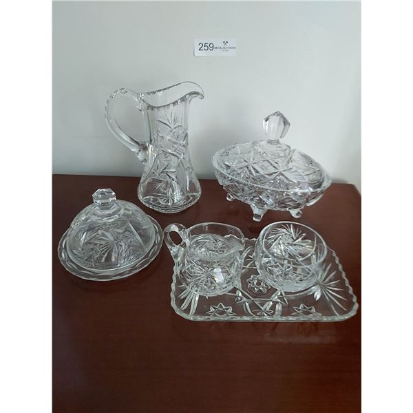 Crystal and Glass Items, Candy dish, Cream & Sugar Dishes with Tray, Butter Dish and Pitcher