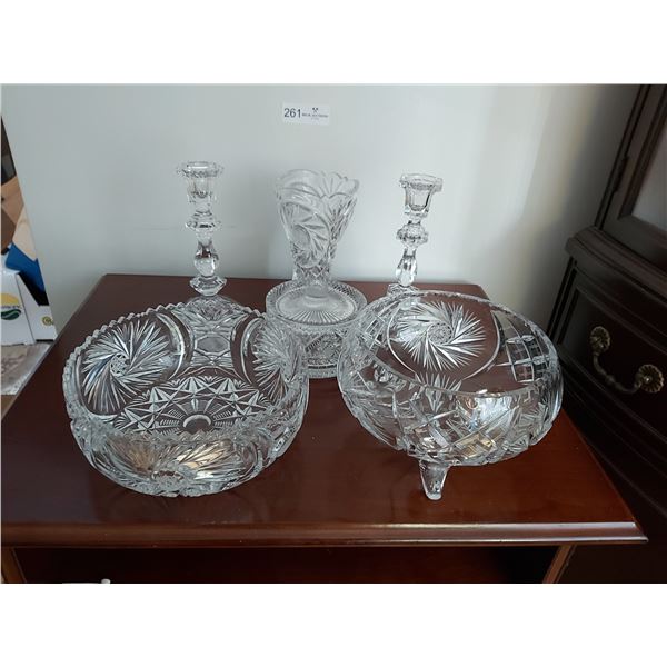 Fantastic Crystal Table Decor including Bowls, Candle Sticks, Vase & Butter Dish