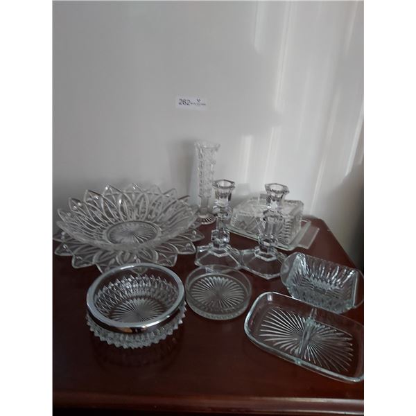 Assorted Crystal & Glass Serving Dishes, Vase & Candle Sticks