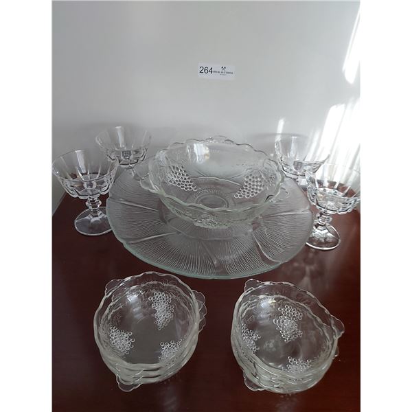 Grape Motif Glass Serving Bowl & Individual Bowls, Cake Stand & 4 Dessert Glasses