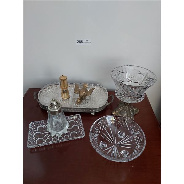 Assorted Glass, Crystal & Brass Serving Dishes & Decor