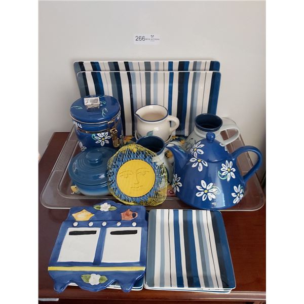 Large Assortment of Blue Toned Tea Party Wares.  Tray, Teapot, Mugs, Plates and More