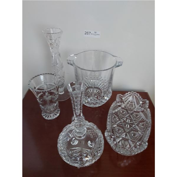 Assortment of Crystal Decor, Vases, Ice Bucket, Candy Dish & Serving Dish