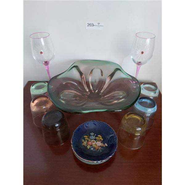 Coloured Glass Assortment Including Stunning Glass Bowl, Wine Glasses & Glasses