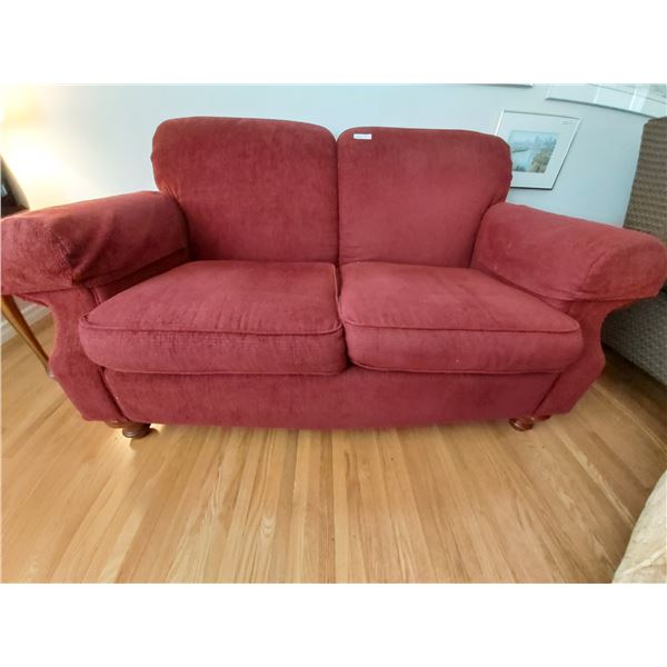 Burgundy Upholstered Loveseat with Wooden Legs