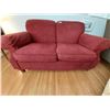 Image 1 : Burgundy Upholstered Loveseat with Wooden Legs