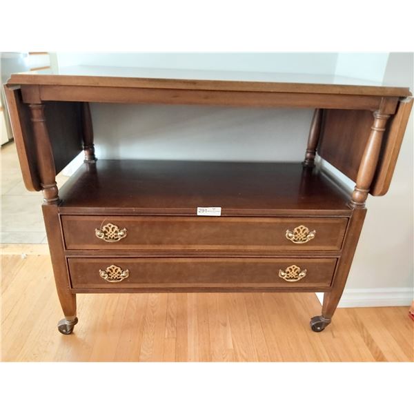 Wooden Serving Cart on Wheels with Folding Down Sides & Storage Drawers