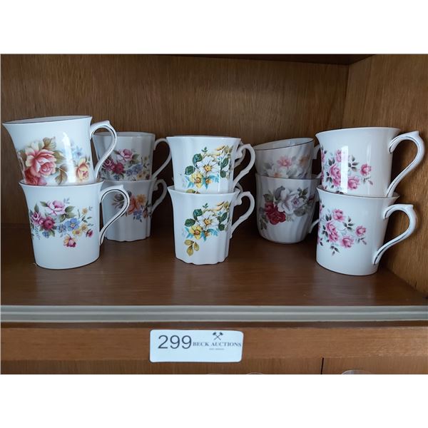 12 Assorted Floral Themed Coffee Mugs, Royal Grafton, Queens & Royal Stuart