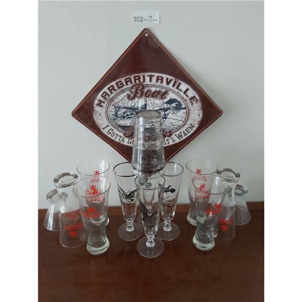 6 Coors Beer Glasses, 4 Bird Glasses & Metal Margaritaville Bar Sign