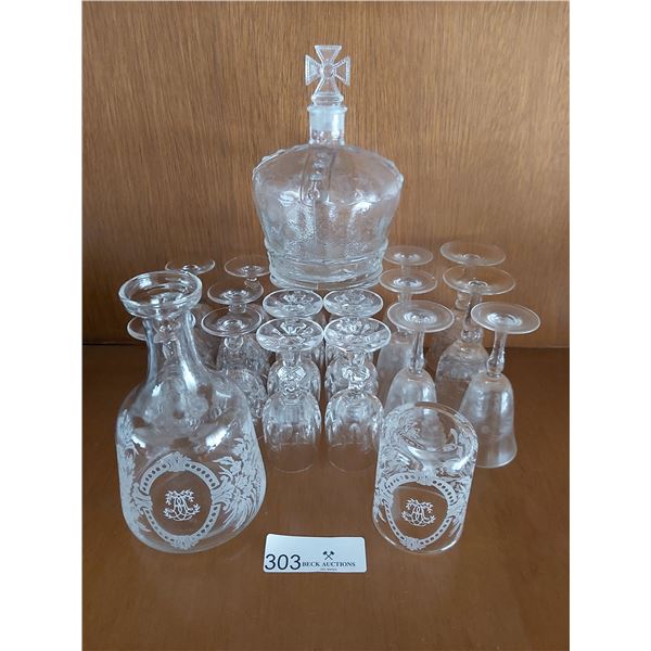 20 Crystal Liquor Glasses, Crown Decanter & Glasses