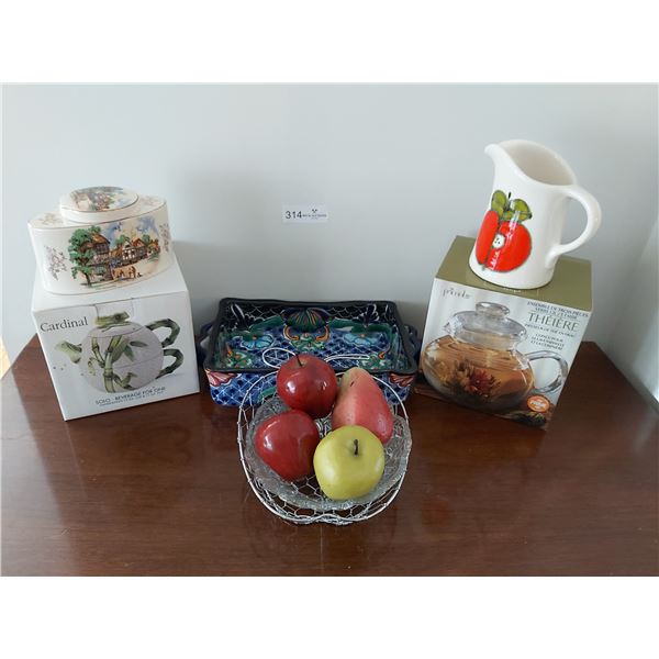 2 Teapots, Lead Freemex Serving Dish, Tea Jar, Jug & Metal Fruit Basket with Artificial Fruit