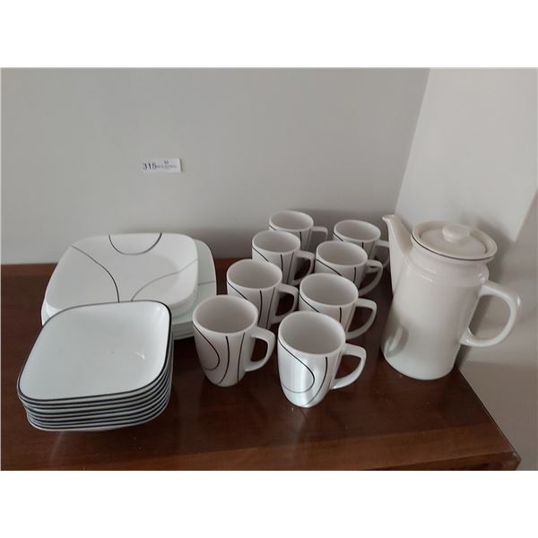 Corelle Dinner Set including Coffee Pot, 8 Bowls, 6 Side Plates, 8 Dinner Plates, & 8 Mugs