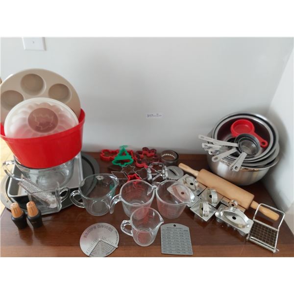 Assorted Baking Supplies including Pyrex Measuring Cups, Cookie Cutters, Rolling Pin & More