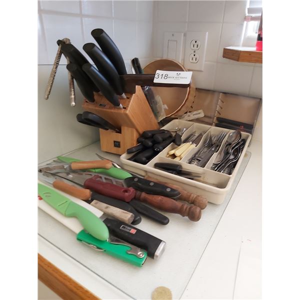 Assortment of Knives, including Henkels, 2 Glass Cutting Boards, Knife Block & More