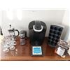 Image 1 : Hand Held Electric Coffee Grinder, Kurig Coffee Machine, K-Cup Holder & 4 Glass Coffee Mugs