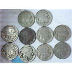 10 Assorted 1920's Buffalo Nickels