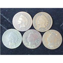 5 Assorted 1890's Indian Head Cents