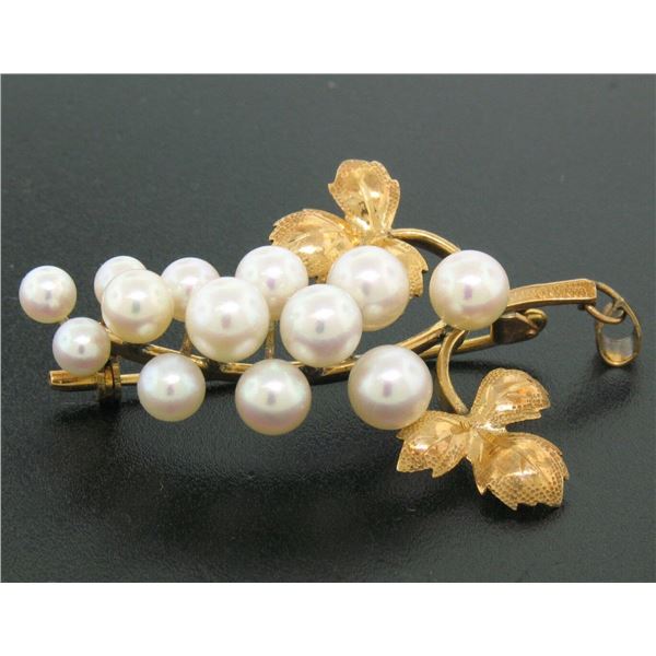 Detailed 14K Yellow Gold Graduated Pearl Grape Cluster Etched Brooch or Pendant