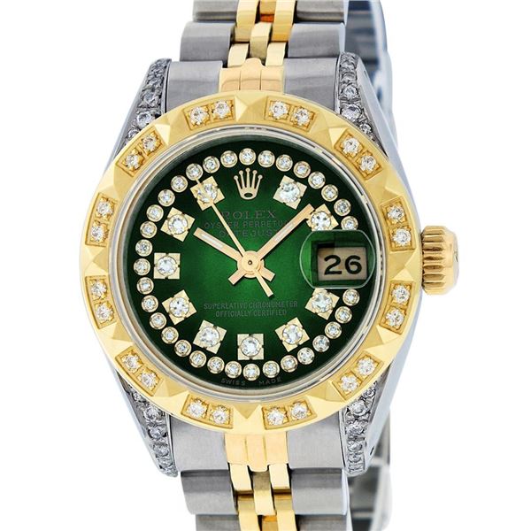 Rolex Ladies 2 Tone Green Vignette Diamond Lugs Pyramid 26MM Datejust Wristwatch