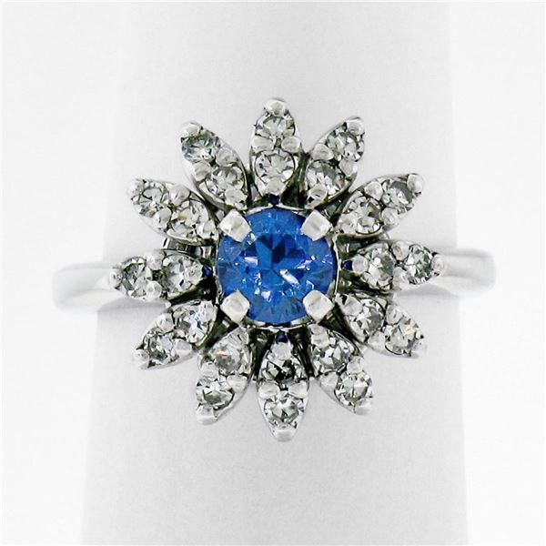 Vintage 14k White Gold 0.90 ctw Round Sapphire and Diamond Flower Cluster Ring