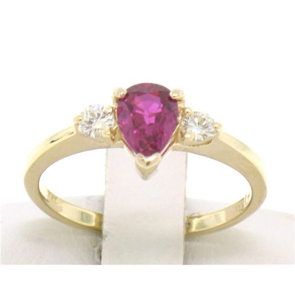 FINE 14k Solid Gold Pear Blood Red Ruby & Round Diamond Ladies Solitaire Ring