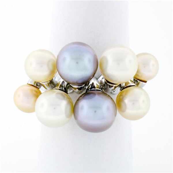 18k White Gold White Beige Light Gray Pearl Wide Band Cluster Cocktail Ring Sz 7