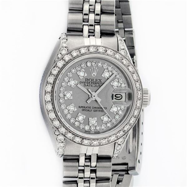 Rolex Ladies Stainless Steel 26MM Slate Grey String Diamond Lugs Wristwatch