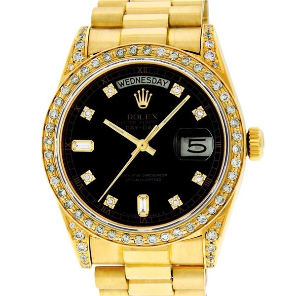 Rolex Mens 18K Yellow Black Diamond Lugs President Wristwatch