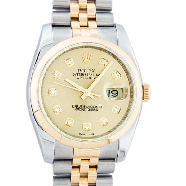 Rolex Mens Stainless Steel and Yellow Gold Champagne VVS Diamond 36mm Datejust
