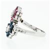 Image 6 : Estate 14k White Gold Round Sapphire Ruby & Diamond Flower Cluster Bypass Ring