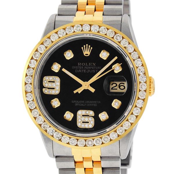 Rolex Mens Stainless Steel and Yellow Gold Black VVS Diamond 36mm Datejust