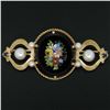 Image 2 : Vintage 14k Yellow Gold Black Onyx Floral Mosaic Sapphire and Pearl Brooch Pin