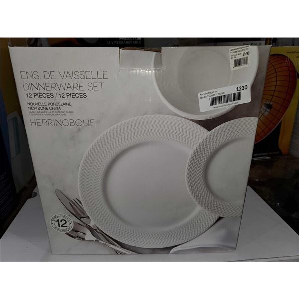 Herringbone 12 Piece Dinnerware Set - Dishwasher and Microwave Safe  - White