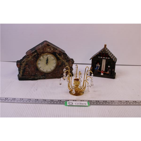 Resin Mantle Clock, Thermometer, and Candle Holder