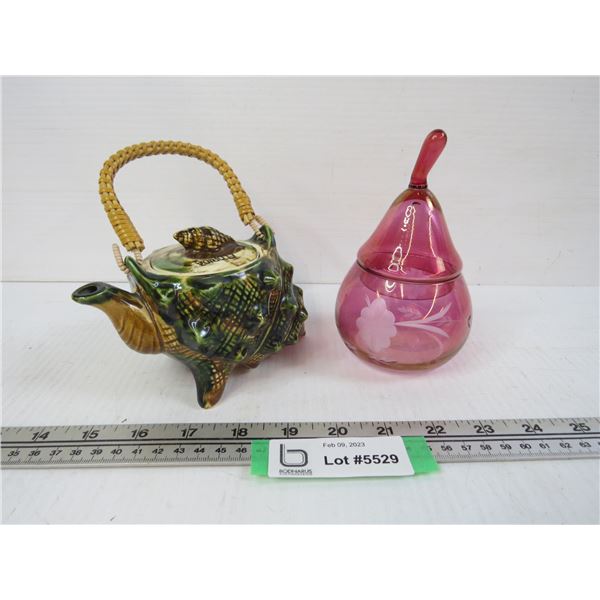 Iridescent Cranberry Glass Dish - Ceramic Shell Teapot