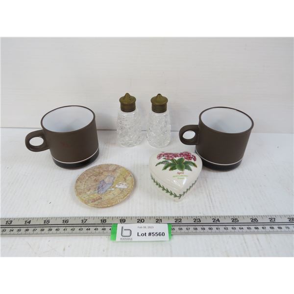 Vintage Salt & Pepper Shakers - (2) Mugs - Owl Dish - Lidded Heart Dish