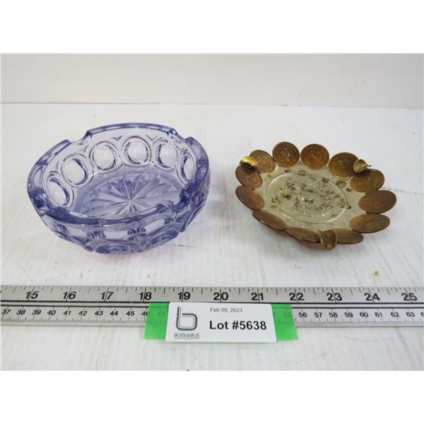 (2) Ashtrays - Purple Glass - Metal w/Mexican Coins