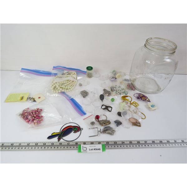 Jar of Assorted Craft Jewelry - Pins - Stained Glass Parrot - Misc Items