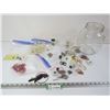 Image 1 : Jar of Assorted Craft Jewelry - Pins - Stained Glass Parrot - Misc Items