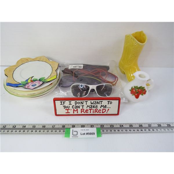 Assorted Plates - Ceramic Boot & Sm Vase - Retired Sign - Bag of Sun Glasses