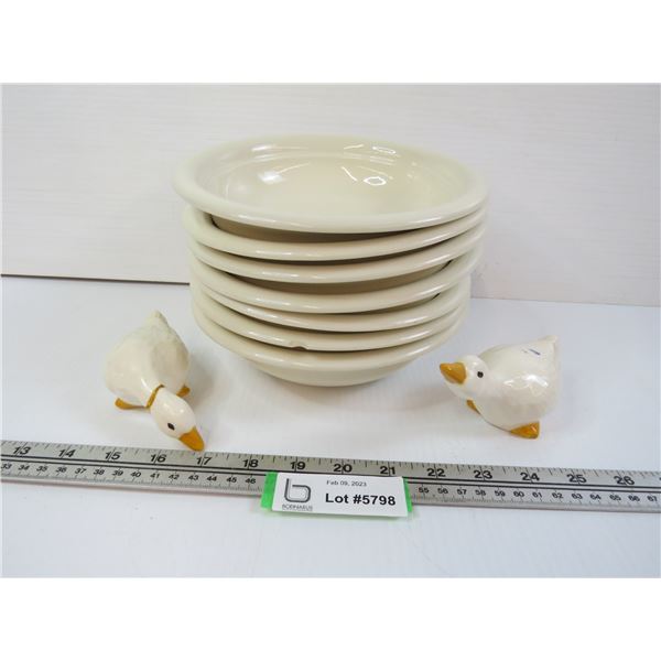 (7) Bowls (2 have chips) - (2) Ceramic Ducks (one has repairs)