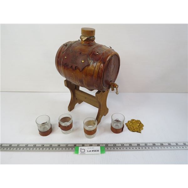 Leather Wrapped Decanter on Stand w/Shot Glasses