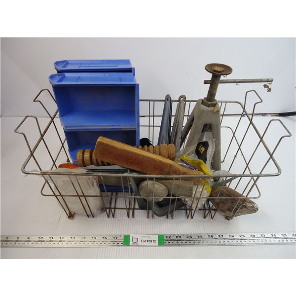 Wire Basket with Trailer Jack,Shelf Brackets,Knife Sharpener and misc. items