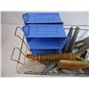 Image 3 : Wire Basket with Trailer Jack,Shelf Brackets,Knife Sharpener and misc. items