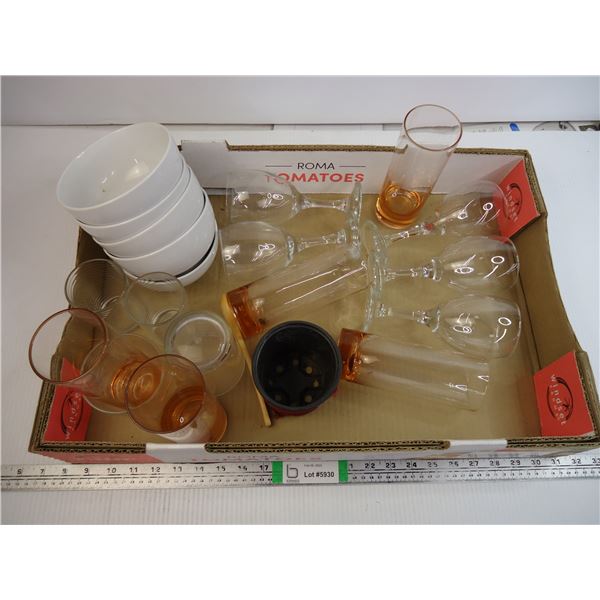 Large box of Bowls,Glasses and wine glasses