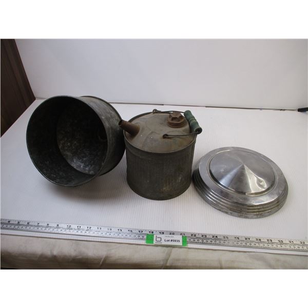 Funnel, Gas Can, and Hub Cap